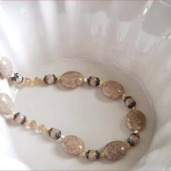 Tan Crackle Brecciated Stone Necklace Champagne Czech Crystal Beaded Necklace - Picture 3 of 6